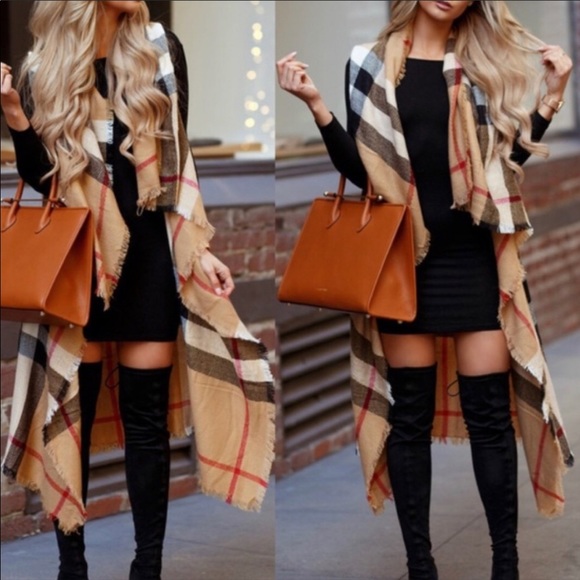 Accessories - Waterfall Long Plaid Vest Poncho Wrap Scraf